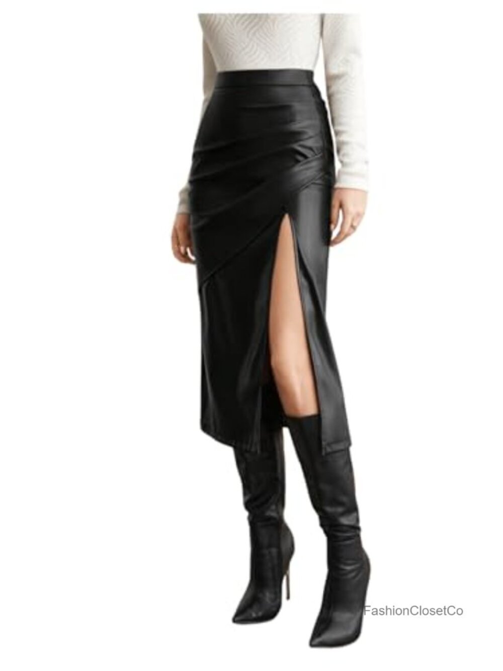 Faux Leather High Waisted Slit Midi Pencil Skirt